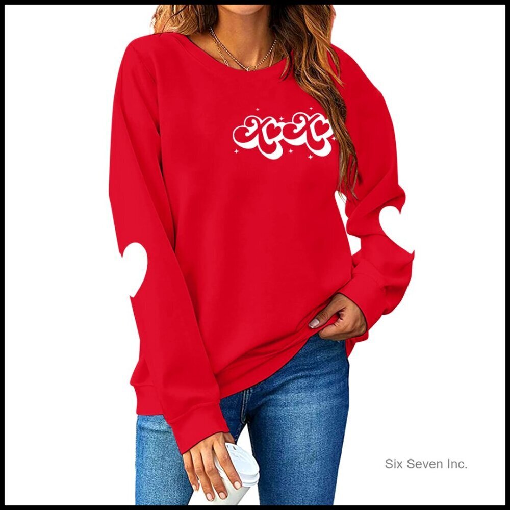 Love Heart Print Long Sleeve Top Valentine's Day Cute Graphic Tee Women's